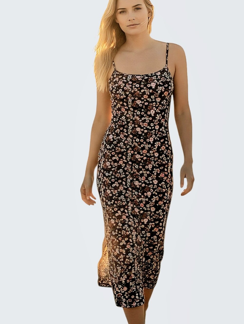 Vibe Ribknit Dark Floral Maxi Dress Wide Spaghetti Strap Stretchy Sz XL Vtg 90s